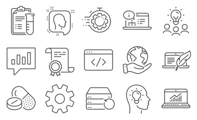 Set of Science icons, such as Medical drugs, Head. Diploma, ideas, save planet. Idea head, Online documentation, Seo script. Copyright laptop, Seo timer, Online statistics. Vector