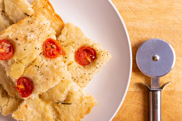 Slices of homemade focaccia, typical recipe from south italy.