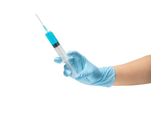 Female hand of a medic in a safe rubber glove of blue color in which a syringe with a liquid vaccine is blue, treatment of the disease on white background isolate.