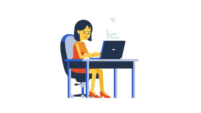 Woman accountant working online. Girl with laptop remote business. Looped Animation with alpha channel.