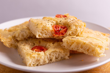 Slices of homemade focaccia, typical recipe from south italy.