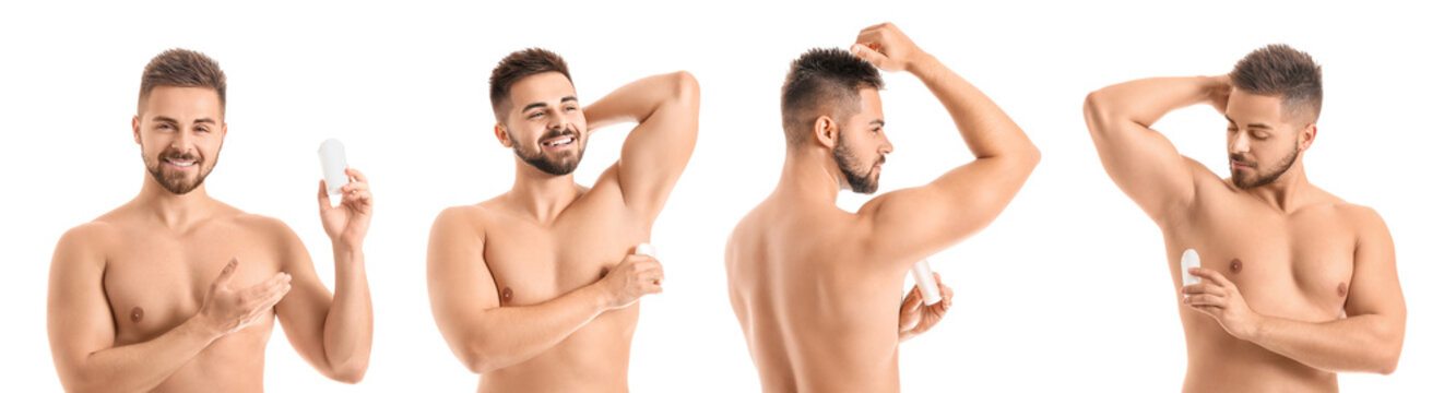 Set Of Handsome Young Man Using Deodorant On White Background