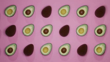Perfect grid of sliced avocados laid out in a pattern. Healthy vegetarian food with good fats. Flat lay photography of  superfood repeating. Organic diet with nutrition. Raw food. Smoothie ingredient