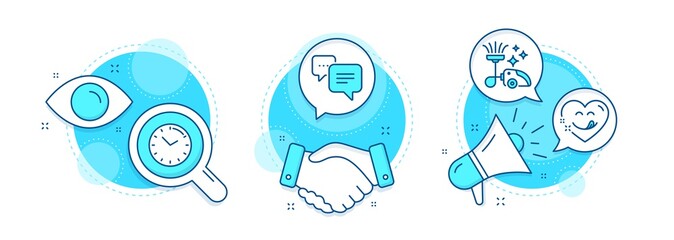 Vacuum cleaner, Time and Yummy smile line icons set. Handshake deal, research and promotion complex icons. Dots message sign. Vacuum-clean, Clock, Comic heart. Chat bubble. Business set. Vector