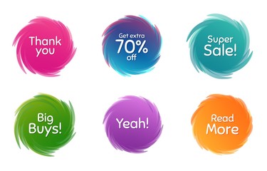 Swirl motion circles. Super sale, 70% discount and read more. Thank you phrase. Sale shopping text. Twisting bubbles with phrases. Spiral texting boxes. Big buys slogan. Vector