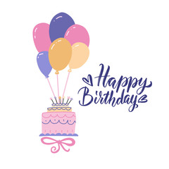 Beautiful big cake flying on bunch of balloons. Festive attributes of Birthday festive party. Greeting card with lettering and flat vector illustration.