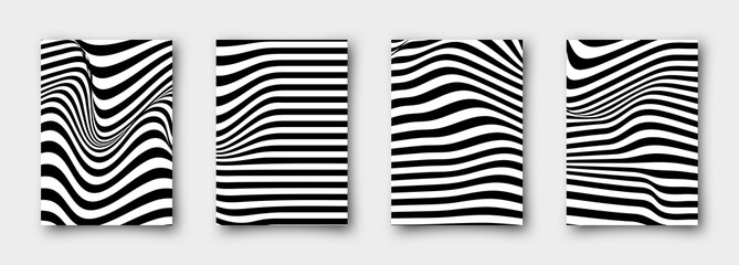 Set of 4 abstract vector wavy backgrounds. Striped simple minimalistic linear monochrome posters for your business.