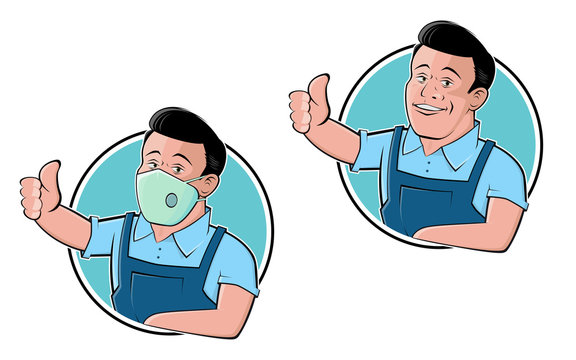 funny cartoon logo illustration of a handsome craftsman set with and without breathing mask