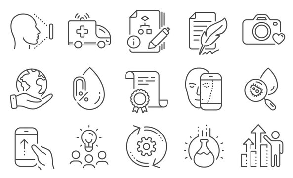 Set of Science icons, such as Swipe up, Chemistry experiment. Diploma, ideas, save planet. Face biometrics, Algorithm, Cogwheel. Photo camera, Water analysis, Face id. Vector