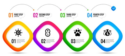 Copywriting network, Check investment and Swipe up icons simple set. Timeline infographic. Pet friendly sign. Content networking, Business report, Scrolling page. Dog paw. Business set. Vector
