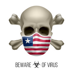 Human Skull with Crossbones and Surgical Mask in the Color of National Flag Liberia. Mask in Form of the Liberian Flag and Skull as Concept of Dire Warning that the Viral Disease Can be Fatal