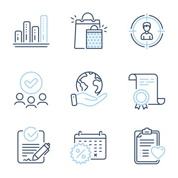 Headhunting, Rfp and Graph chart line icons set. Diploma certificate, save planet, group of people. Patient history, Calendar discounts and Shopping bags signs. Vector
