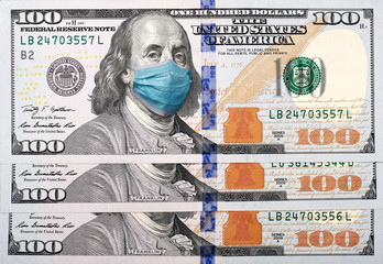 100 dollar money bill with face mask. Crisis and finance concept.