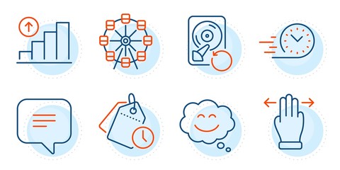 Text message, Time management and Ferris wheel signs. Smile chat, Multitasking gesture and Graph chart line icons set. Fast delivery, Recovery hdd symbols. Happy face, Swipe. Technology set. Vector