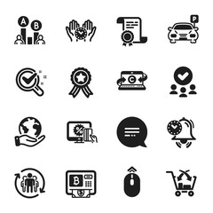 Set of Business icons, such as Safe time, Text message. Certificate, approved group, save planet. Time management, Online shopping, Parking. Bitcoin atm, Cross sell, Chemistry lab. Vector