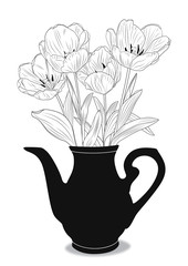 Vector flat illustration tulpani in a black vase on a white background