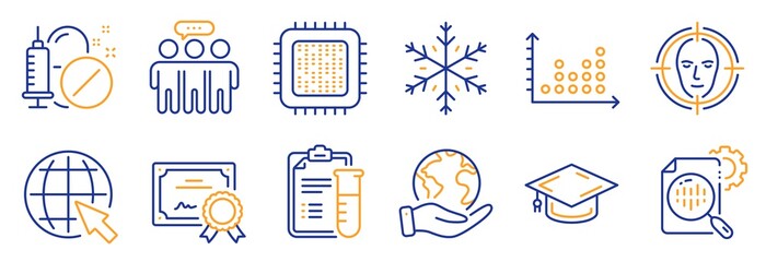 Set of Science icons, such as Dot plot, Cpu processor. Certificate, save planet. Graduation cap, Medical drugs, Face detect. Employees group, Snowflake, Internet. Vector