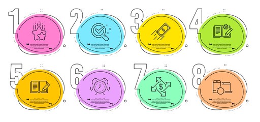 Payment exchange, Engineering documentation and Chemistry lab signs. Timeline steps infographic. Feedback, Fast payment and Time management line icons set. Vector