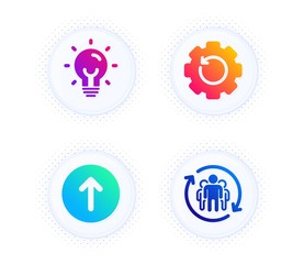 Energy, Swipe up and Recovery gear icons simple set. Button with halftone dots. Teamwork sign. Lightbulb, Scroll screen, Backup info. Employees change. Science set. Gradient flat energy icon. Vector