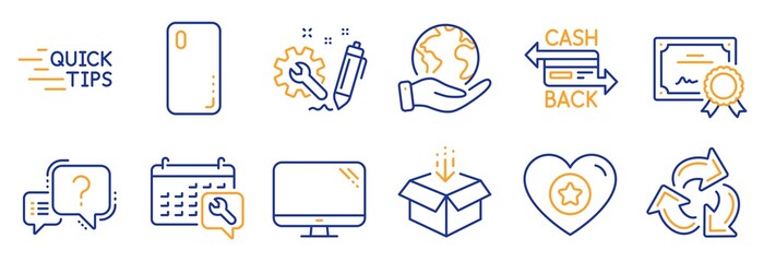 Set of Technology icons, such as Recycle, Spanner. Certificate, save planet. Smartphone cover, Get box, Heart. Education, Computer, Engineering. Cashback card, Question mark line icons. Vector