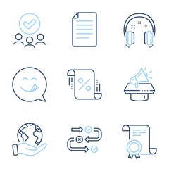Survey progress, Megaphone and Loan percent line icons set. Diploma certificate, save planet, group of people. File, Yummy smile and Headphones signs. Vector