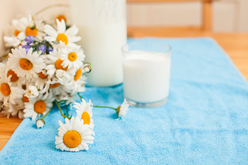 Simply stylish wooden kitchen with bottle of milk and glass on table, summer flowers camomile, healthy foog moring concept