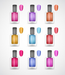 Nail polish glass bottles set isolated on white background. 3d glamorous containers, multi colored enamels. Copy space for branding. Decorative manicure fingernail shape varnish color samples for ads.