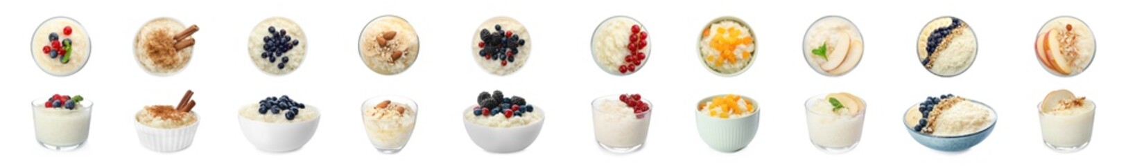 Set of different delicious rice puddings on white background. Banner design