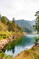 Lake in the forest with mountains in a cloudy day