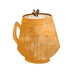 Cozy yellow cup with tea plants, coffee. Kawaii cute texture digital art. Print for stickers, cards, menus, posters, restaurants, cuisine, web design, party, textile, washing tape.