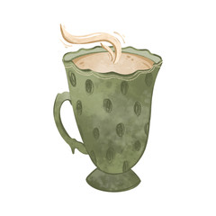 Cozy green polka-dot cup of tea, coffee. Kawaii cute texture digital art. Print for stickers, cards, menus, posters, restaurants, cuisine, web design, party, textile, washing tape.