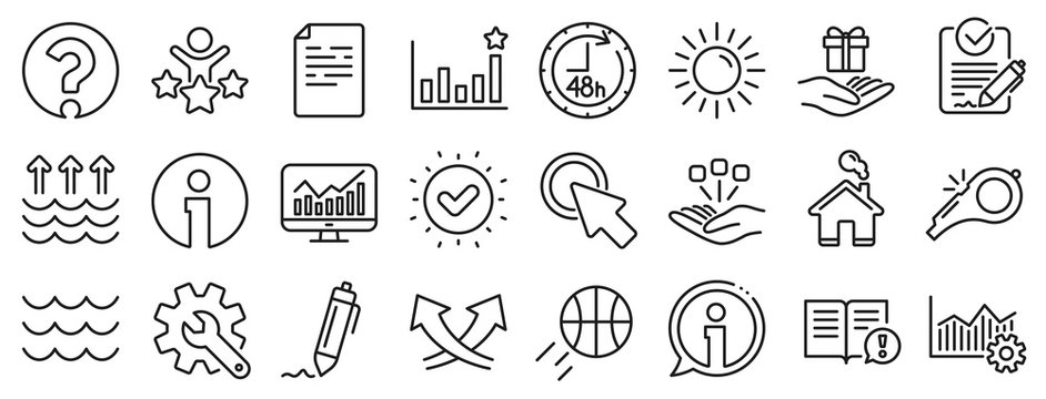 Customisation, Global warming, Question mark icons. Waves, sun, efficacy line icons. Signature Rfp, Information, Efficacy. Waves, Consolidation, Operational excellence. Question mark, whistle. Vector