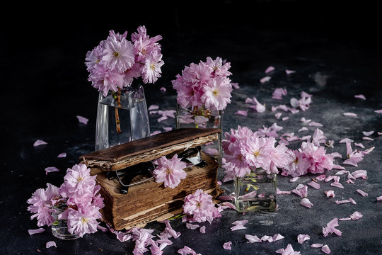 Cherry blossom, sakura flowers in a glass jar with a old book with petals falling