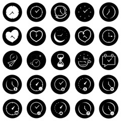 Set of clock in black circle. Concept of UI design elements. Digital countdown app, user interface kit, mobile clock. It's time to work, money, coffee, pray, travel, chat, study, lunch, eat, sleep.