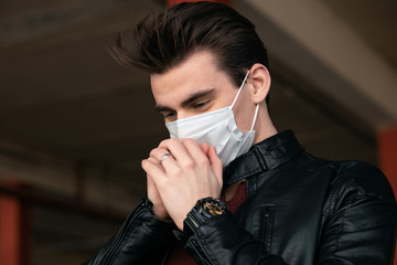 sick man coughing with sore throat; concept of man with allergy, phlegm, sore throat or throat inflammation, influenza, flu, cold, sickness, health care concept using medical mask corona covid-19