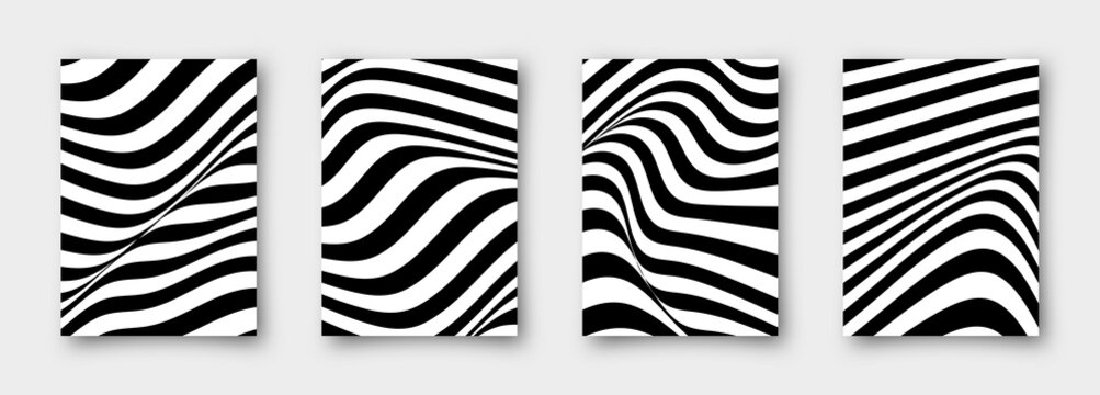 Set of 4 abstract vector wavy backgrounds. Striped simple minimalistic linear monochrome posters for your business.