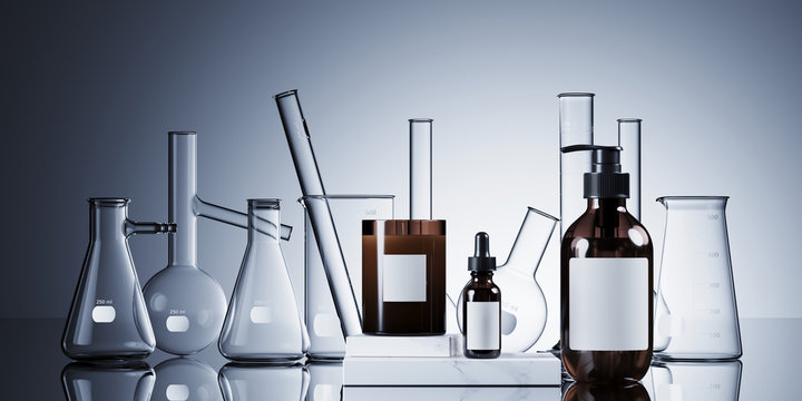 Minimal background for branding and product presentation. Cosmetic bottle on white marble podium. Set of laboratory glassware on white background. 3d rendering illustration.