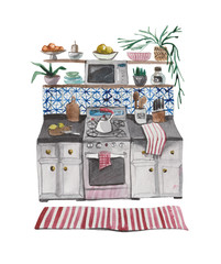Watercolor composition, a fragment of the interior design of the kitchen in the Scandinavian style. The design of furniture in the style of Hugge, and beckons to stay at home. 