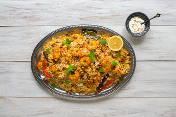 Pilaf with shrimp. Tasty and delicious prawns biryani. 