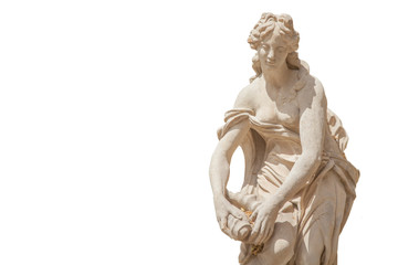 Obraz premium The goddess of love and beauty in Greek mythology, Aphrodite (Venus in Roman mythology) Fragment of ancient stone statue isolated on white background.