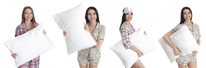Collage of young women in pajamas with pillows against white background. Banner design