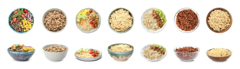 Set of different healthy dishes with quinoa on white background. Banner design