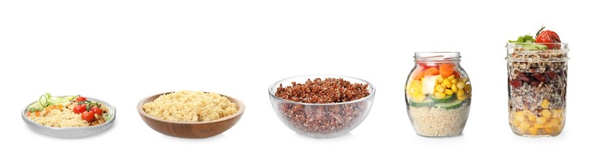 Set of different healthy dishes with quinoa on white background. Banner design