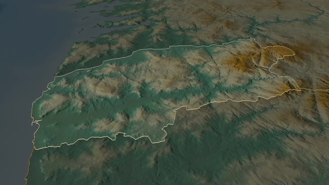 Viana do Castelo, district with its capital, zoomed and extruded on the relief map of Portugal in the conformal Stereographic projection. Animation 3D