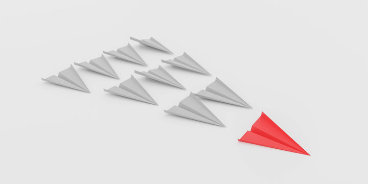 red paper plane leading white ones, leadership concept 3d render illustration
