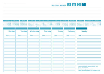 Week Planner 2021 Calendar Vector Design Template. Blue color