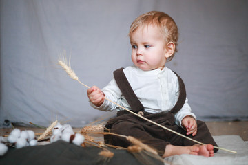 one-year-old boy in a rustic style with a spikelet of wheat