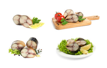 Set with tasty smoked fish on white background