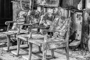 Fototapeta na wymiar old wooden chair chernobyl abanond