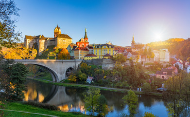 Colorful town Loket in autumn over Eger river in the Sokolov District in the Karlovy Vary region of...